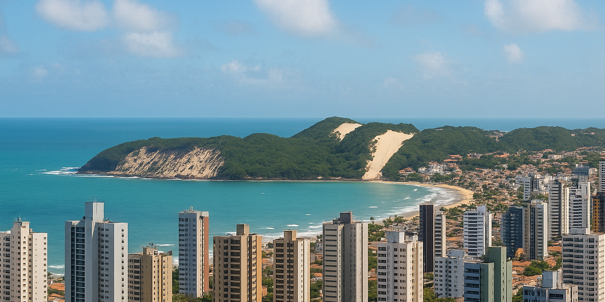 Vista panorâmica de Natal com prédios residenciais e o Morro do Careca ao fundo